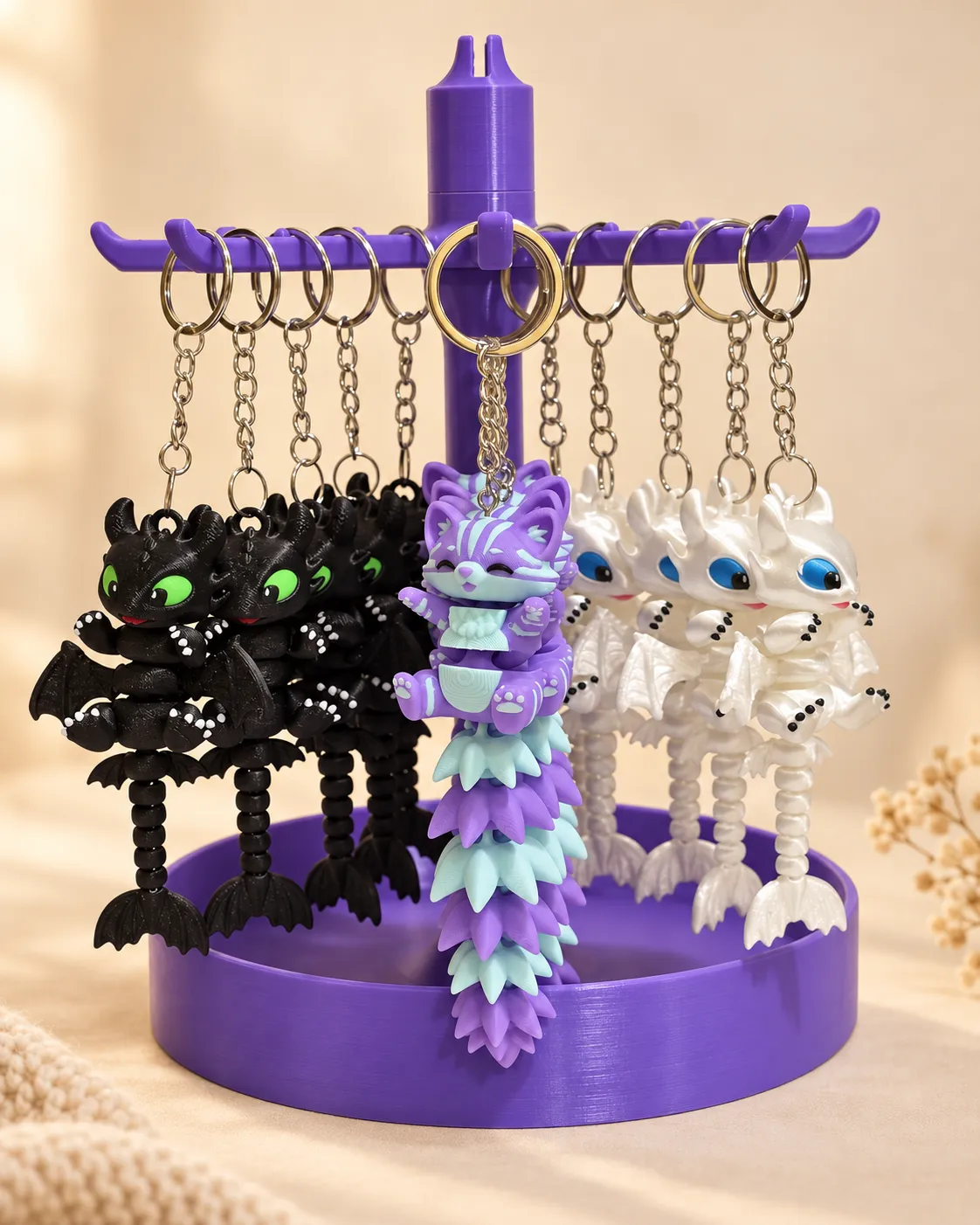 Стійка з драконами: чорні, білі та фіолетовий кіт-дракон