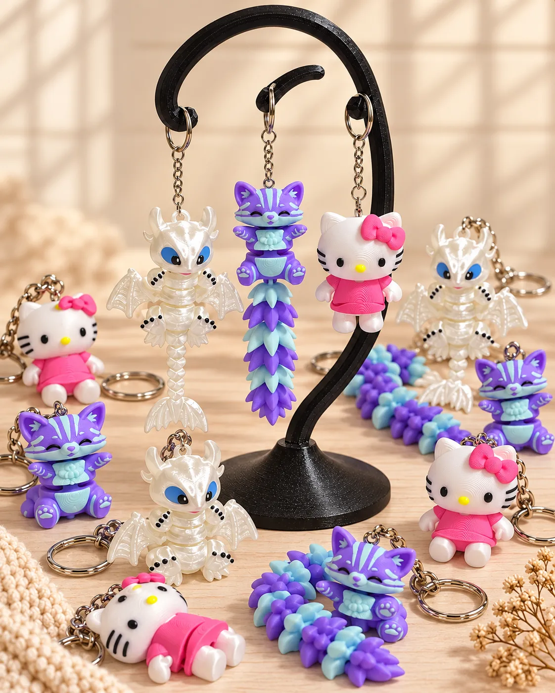 Брелоки Hello Kitty та дракони біля чорної підставки